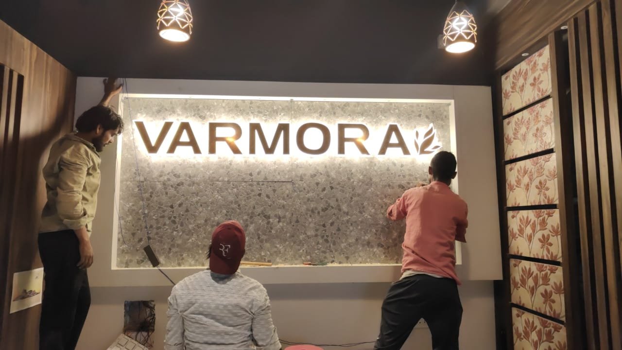 Backlit LED display board for Varmora tiles showroom, Harmu Road, Ranchi — advertisement board installation